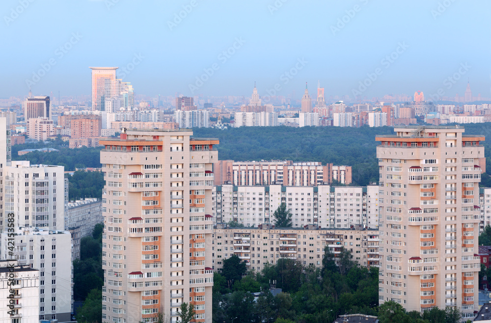 Fototapeta premium High-rise buildings at overcast day in Moscow, Russia; panorama