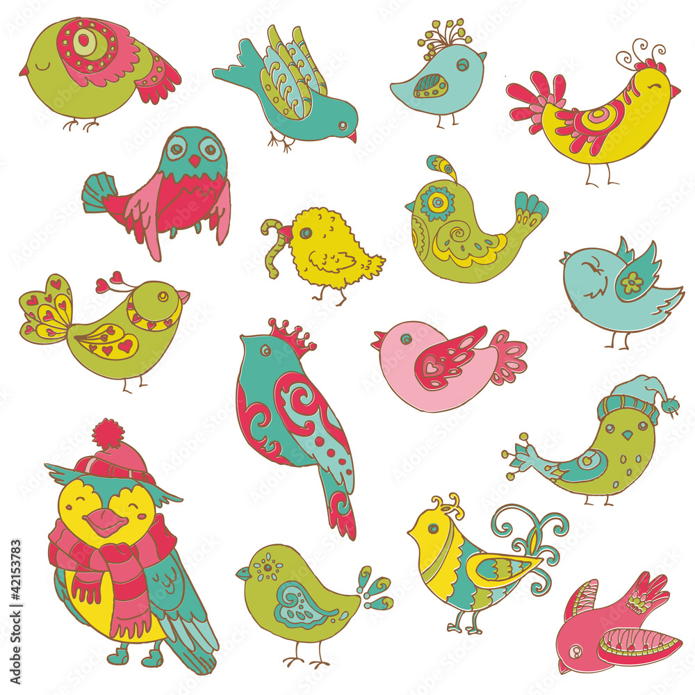 Obraz premium Colorful Birds Doodle Collection - hand drawn in vector - for de