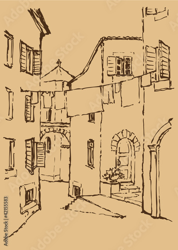Vector cityscape.  Old medieval street  in Mediterranean town