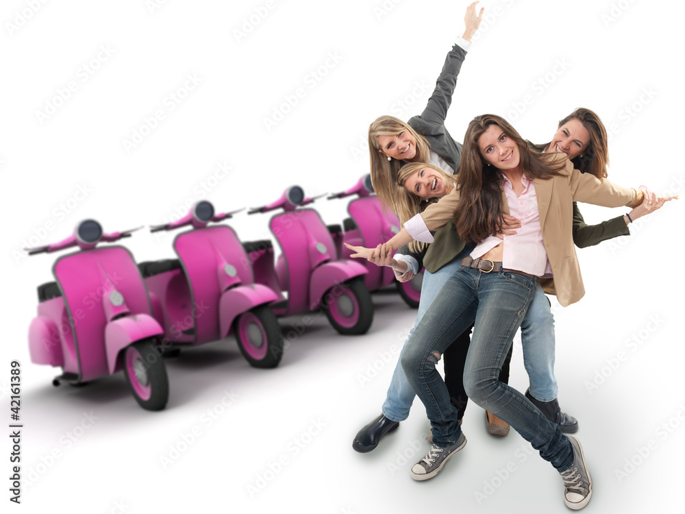 Fototapeta premium Girls and pink scooters