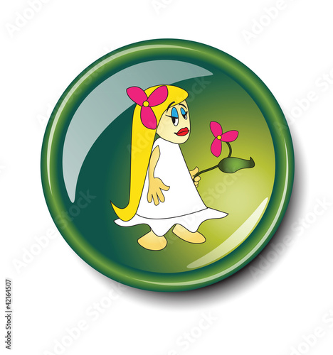 Cartoon symbol of maiden on green glass button isolated on white