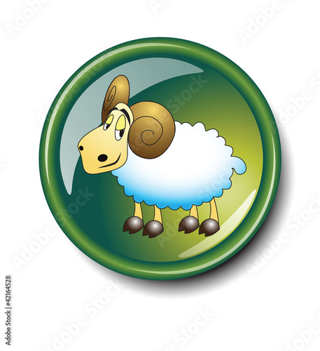 Cartoon symbol of ram on green glass button isolated on white