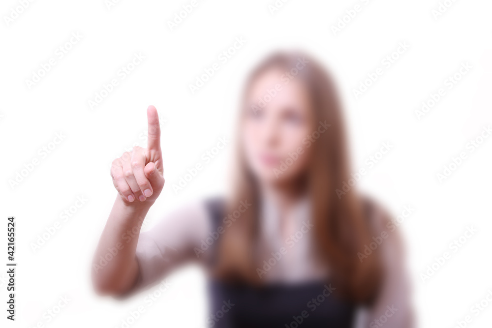 girl touching screen, pressing virtual button girl touching screen, pressing virtual button