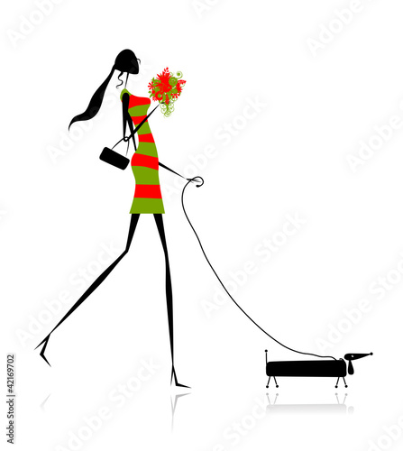 Fashion girl silhouette walking with dog