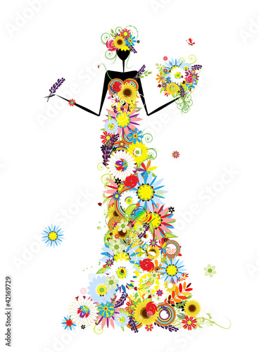 Floral woman with summer bouquet for your design