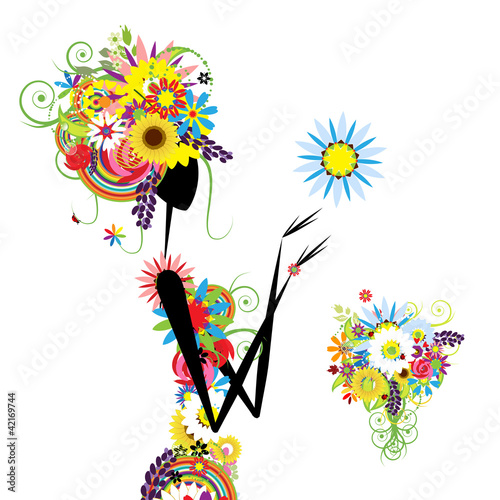 Floral woman with summer bouquet for your design