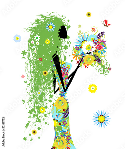 Floral woman with summer bouquet for your design