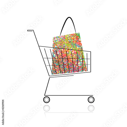 Supermarket cart with shopping bag for your design