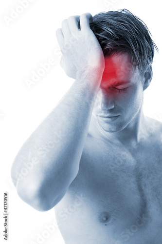 men with headache on white background photo