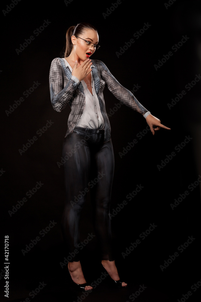 Shocked businesswoman showing with finger Shocked businesswoman showing with finger