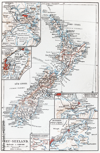 Obraz na plátne Vintage map of New Zealand at the end of 19th century