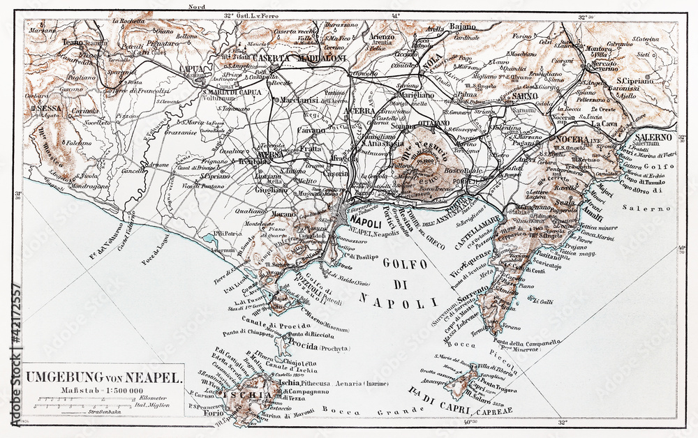 Vintage map of Naples surroundings at the end of 19th century