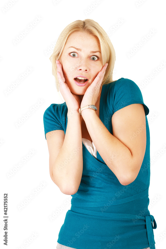 A smiling woman touching her face, isolated on white background A smiling woman touching her face, isolated on white background