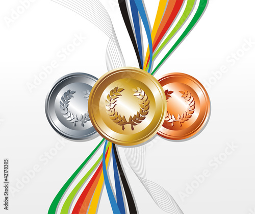 Gold, silver and bronze medal with ribbons background
