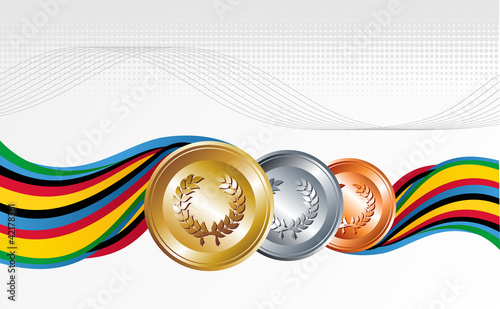 Gold, silver and bronze medals with ribbons background
