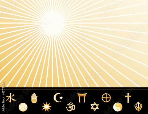 World Religions Poster, copy space, gold ray pattern background