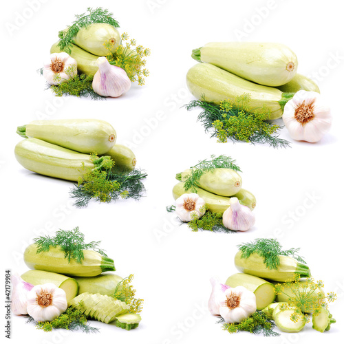 Zucchini, whole, chopped, garlic, dill, isolated ,collage