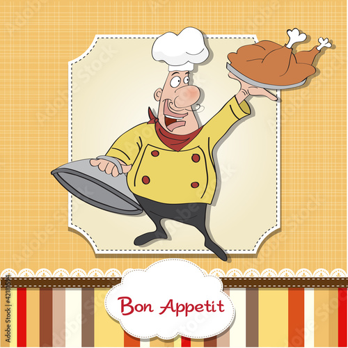 funny cartoon chef with tray of  food in hand