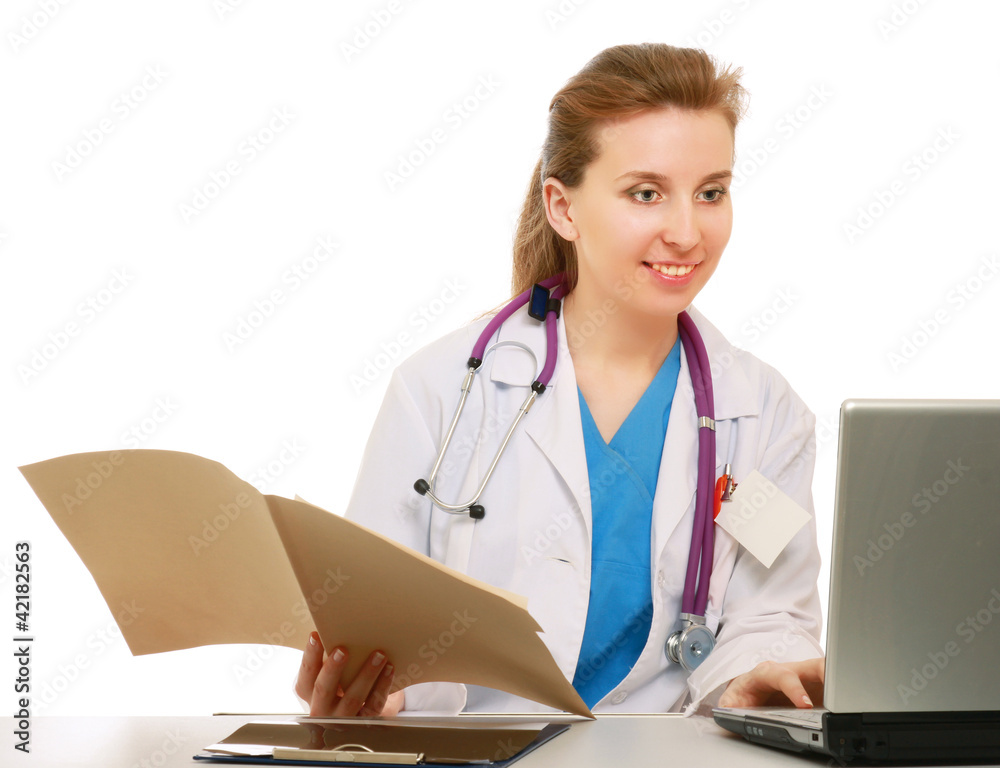 Doctor with stethoscope at her working place Doctor with stethoscope at her working place