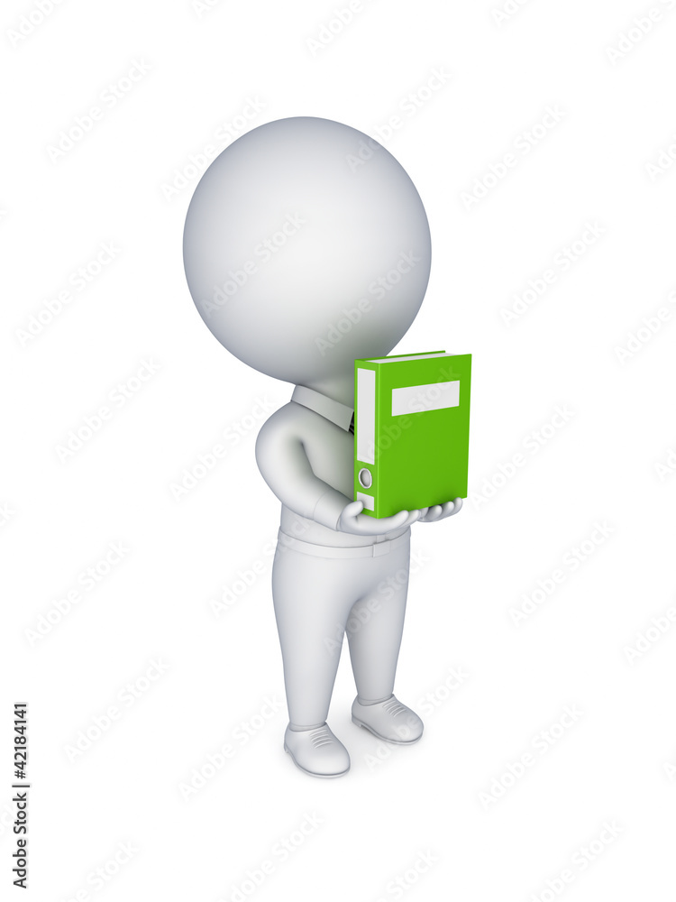 3d small person with a green folder in hands. 3d small person with a green folder in hands.