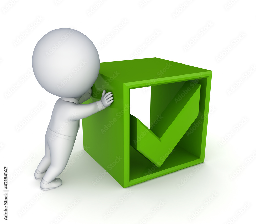 3d small person and green tick mark. 3d small person and green tick mark.