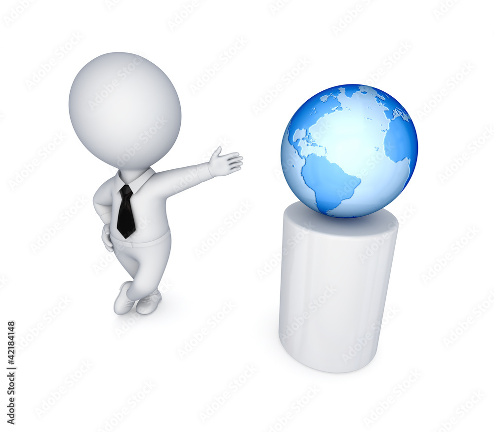 3d small person and planet earth. 3d small person and planet earth.