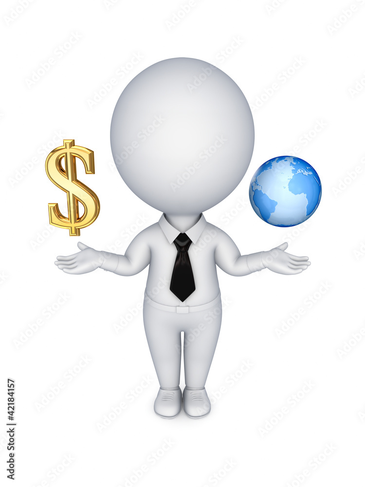 3d person with a dollar sign and planet earth. 3d person with a dollar sign and planet earth.