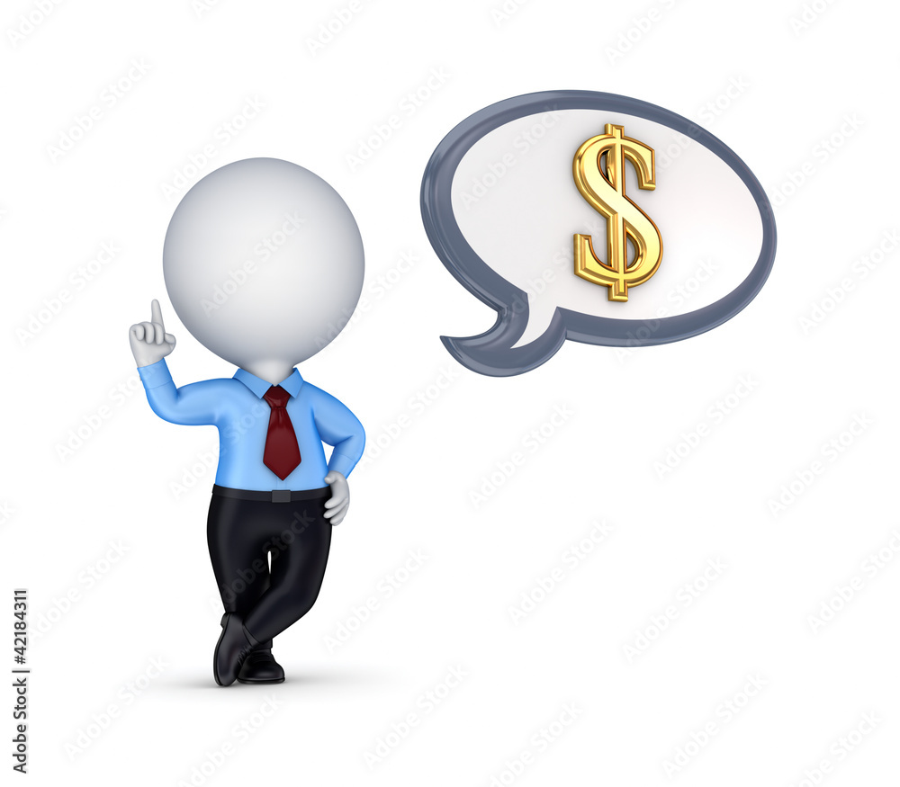 3d small person with a golden dollar sign. 3d small person with a golden dollar sign.