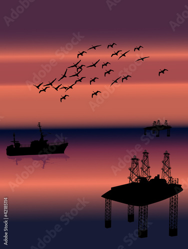 birds above sea oil platform © Alexander Potapov