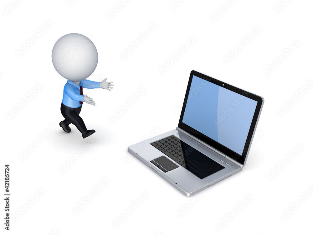3d small person running to a modern notebook. 3d small person running to a modern notebook.