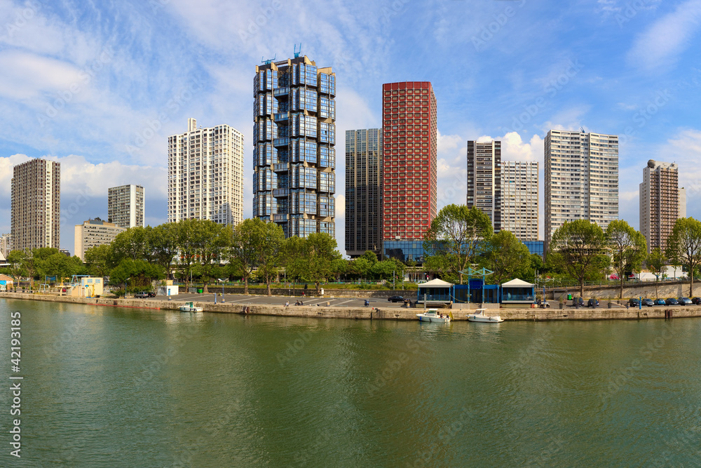 View on Seine river and skyscrapers in Paris, France.