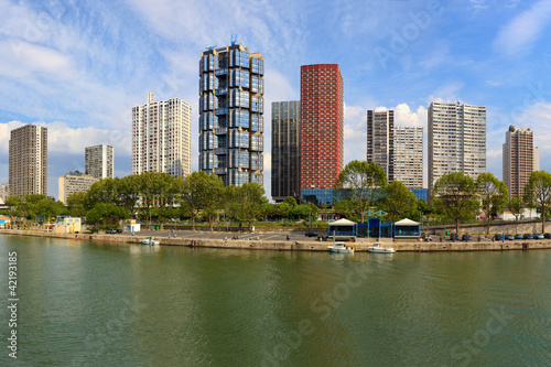 View on Seine river and skyscrapers in Paris, France.