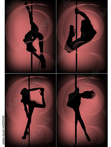 set of black silhouettes of dancing girls strip near the pole
