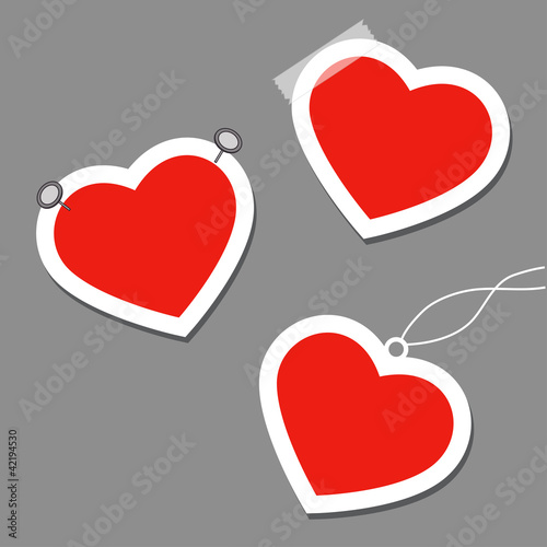 Set of heart tags with pins, tape and thread