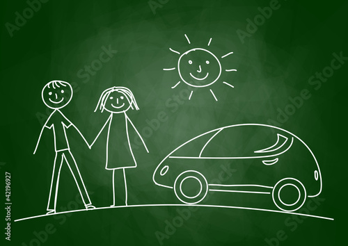 Drawing of car on blackboard