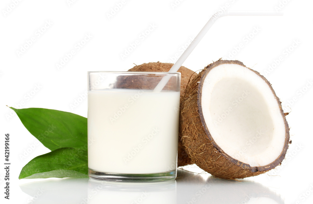 Coconut milk and coconut isolated on white Coconut milk and coconut isolated on white