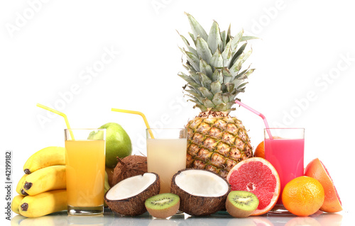 Tropical fruits and juice isolated on white