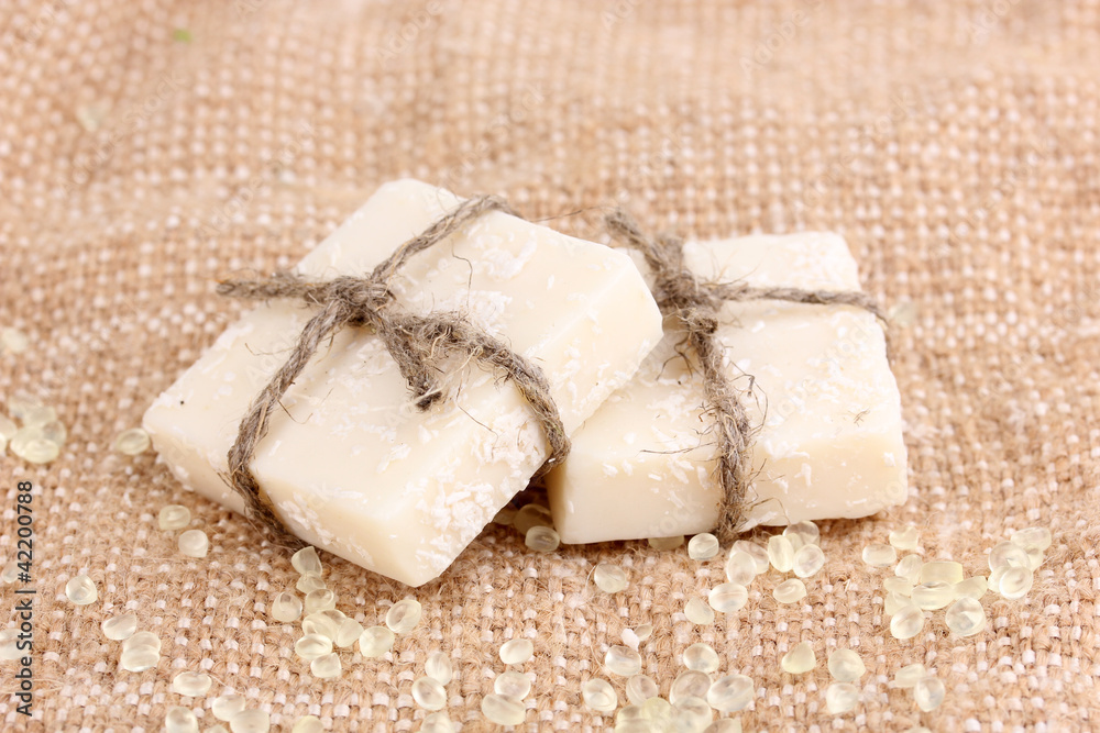 Hand-made herbal soap on sackcloth Hand-made herbal soap on sackcloth