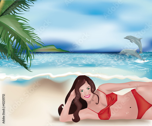 girl lying on beach and dolphins