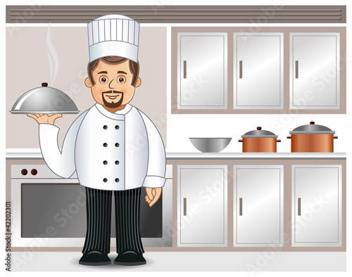 A chef with a steaming dish in a kitchen