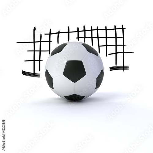 soccer ball on white ground with a sketched soccer goal net