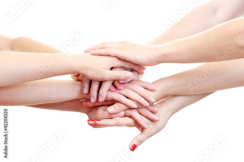 group of young people s hands isolated on white