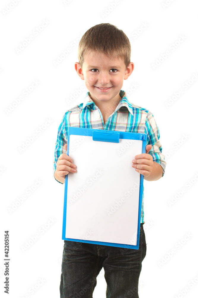 portrait of happy little boy with clipboard isolated on white portrait of happy little boy with clipboard isolated on white