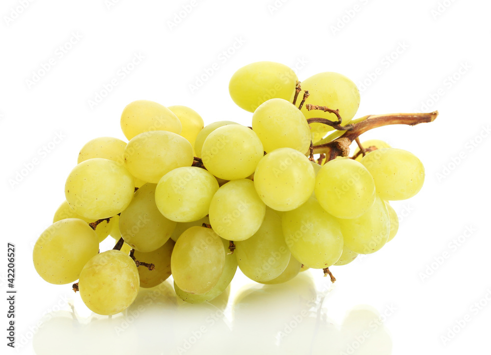 Ripe green grapes isolated on white. Ripe green grapes isolated on white.