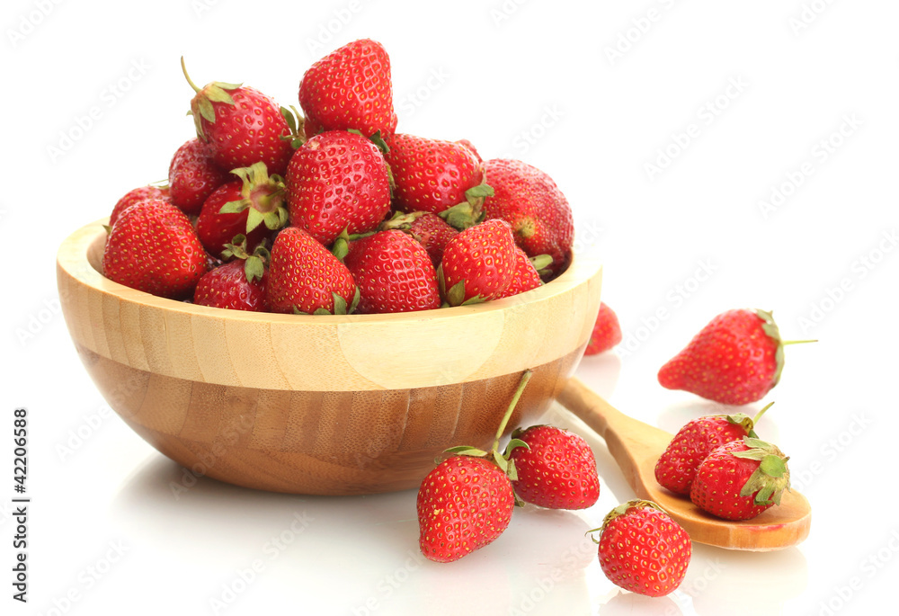 sweet ripe strawberries in wooden bowl isolated on white sweet ripe strawberries in wooden bowl isolated on white