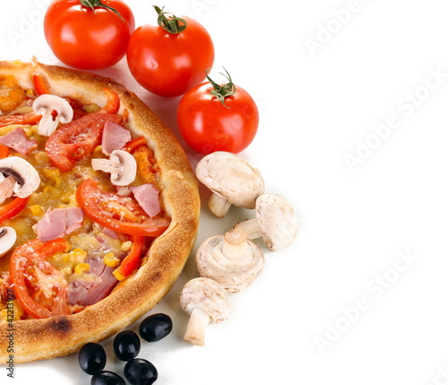 Aromatic pizza with vegetables and mushrooms close-up isolated