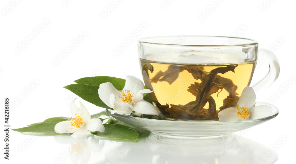 cup of green tea with jasmine flowers isolated on white cup of green tea with jasmine flowers isolated on white
