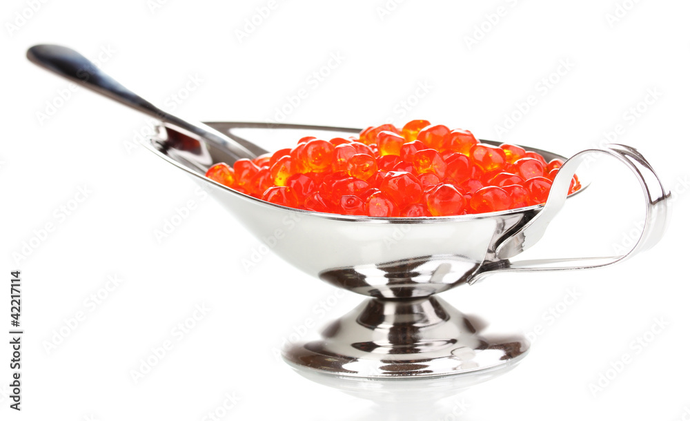 Red caviar in silver bowl isolated on white Red caviar in silver bowl isolated on white