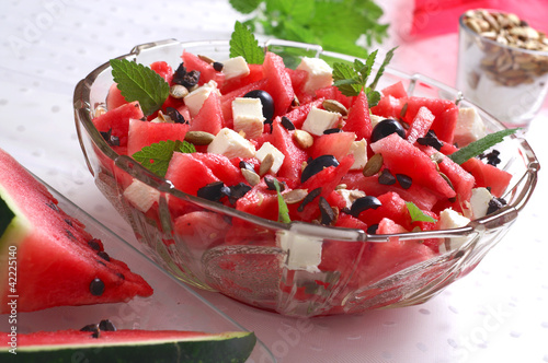 Salad - watermelon, feta cheese, olives, pumpkin seeds