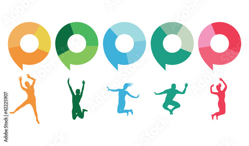 people jumping below speech bubbles